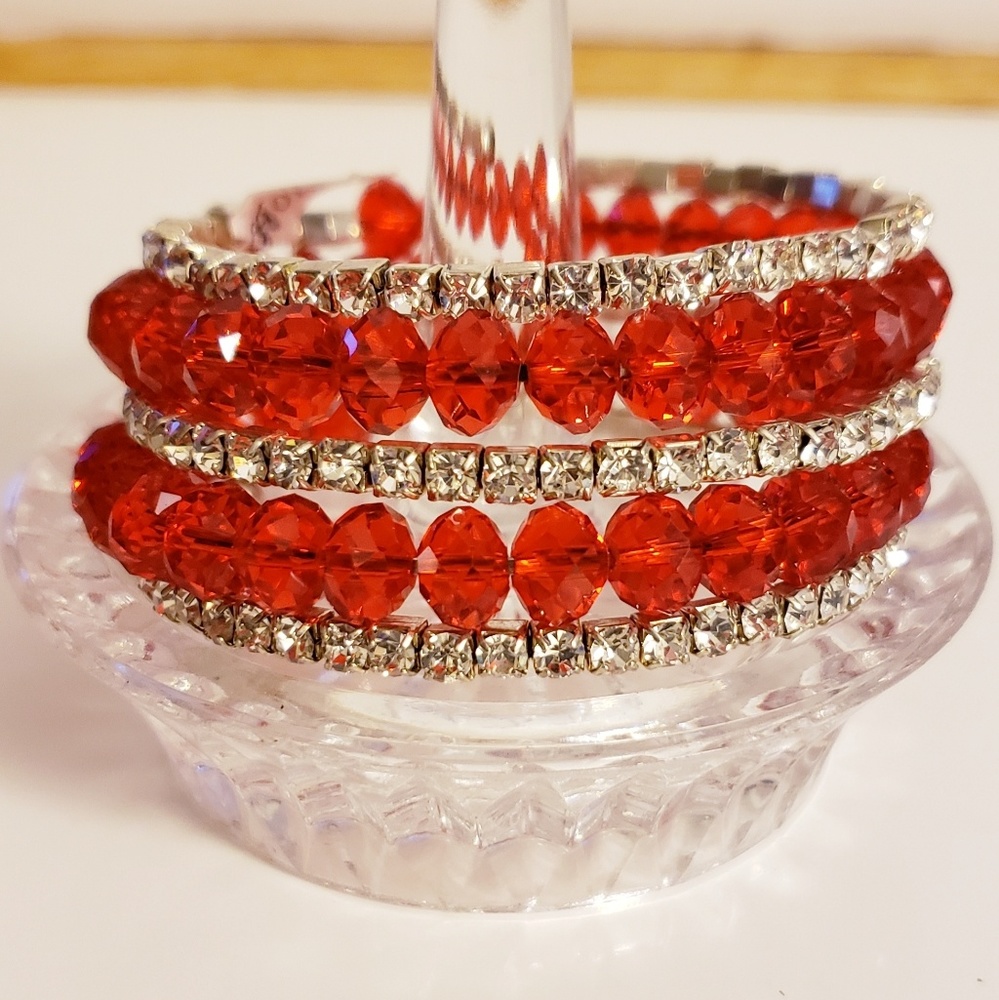 Multi Layer Red Beaded Memory Wire Bangle Bracelet - image 6